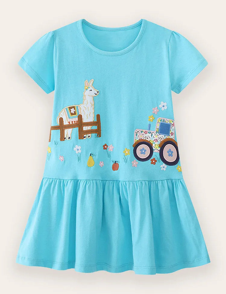 Süßes Kleid mit Truck- und Lamm-Applikation aus Baumwolle