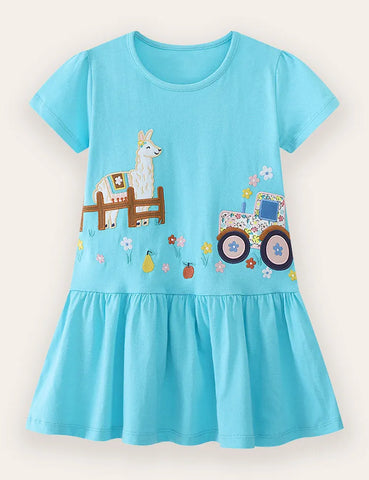 Süßes Kleid mit Truck- und Lamm-Applikation aus Baumwolle