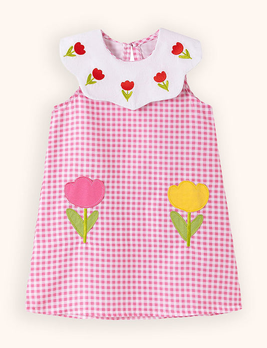 Flower Embroidered Plaid Dress