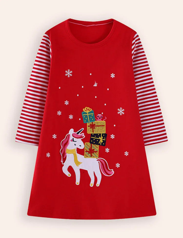Christmas Unicorn Embroidered Long Sleeve Dress