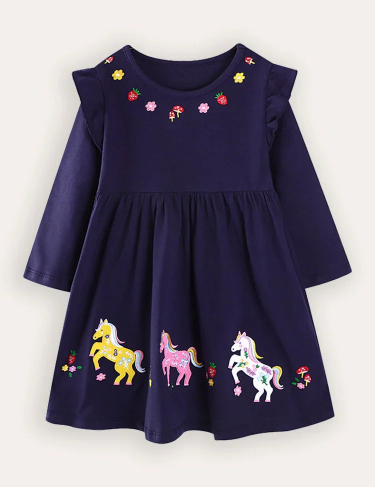 Cute Pony Embroidered Long-sleeved Dress