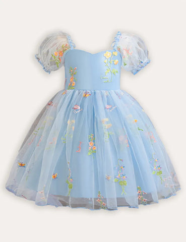 Bubble Sleeve Flower Embroidery Tulle Party Dress