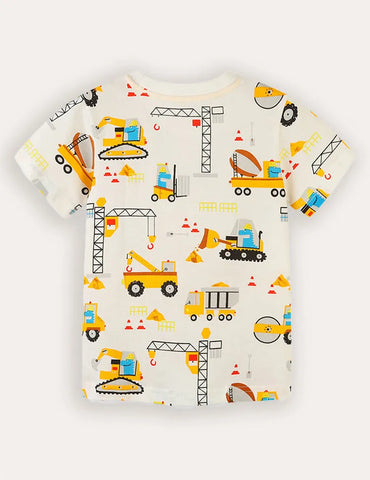 T-shirt a maniche corte stampata per auto da costruzione dei cartoni animati