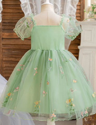 Bubble Sleeve Flower Embroidery Tulle Party Dress
