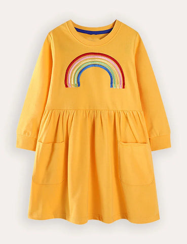 Rainbow Embroidered Pocket Long Sleeve Dress