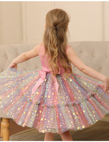 Color Sequined Star Tulle Puffy Dress Dress