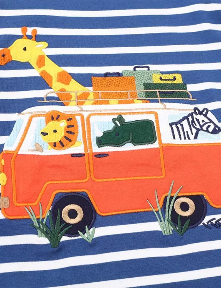 Animal Bus Appliqué Striped Long Sleeve T-shirt - Mini Taylor