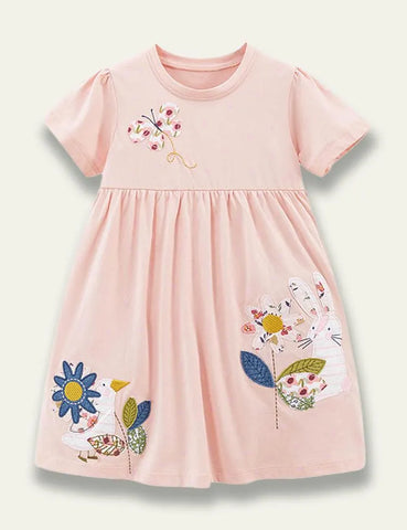 Animal Flower Appliqué Short Sleeve Dress - Mini Taylor