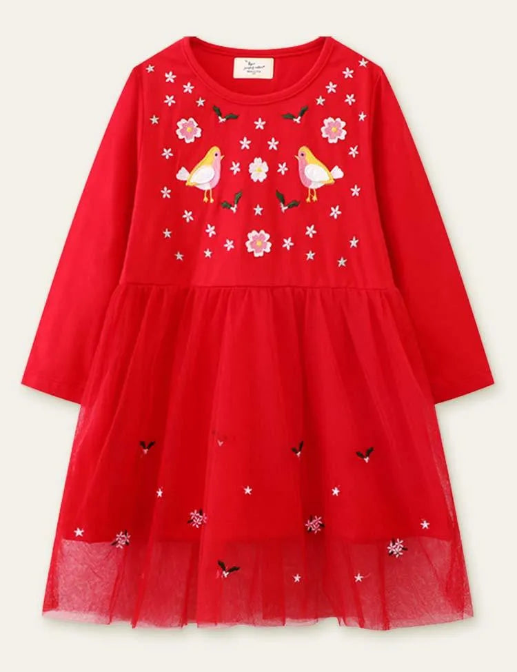 Bird Appliqué Flower Embroidered Long Sleeve Dress - Mini Taylor