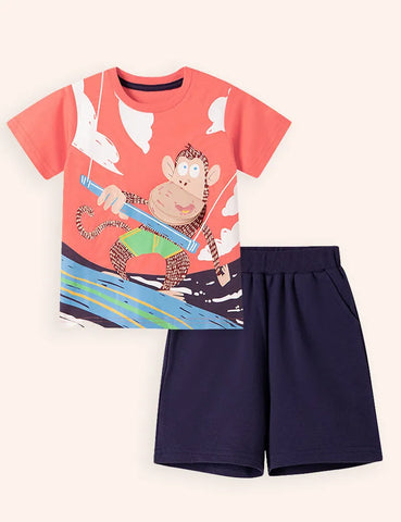 Süßes Affen-Print Baumwoll-T-Shirt-Set