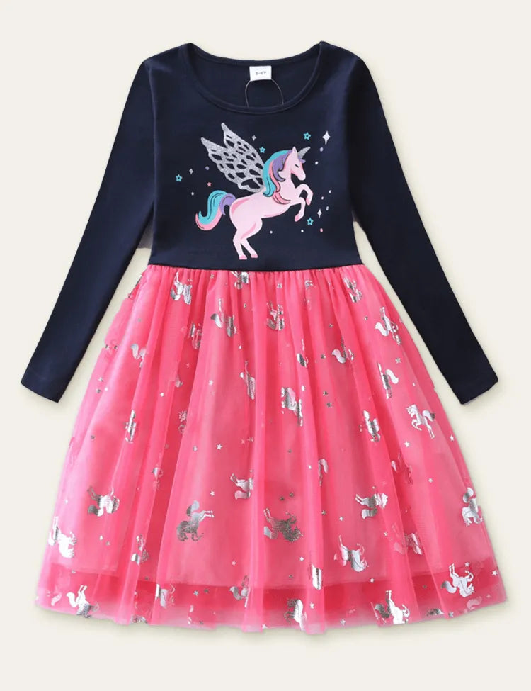 Cartoon Unicorn Printed Mesh Long Sleeve Dress - Mini Taylor