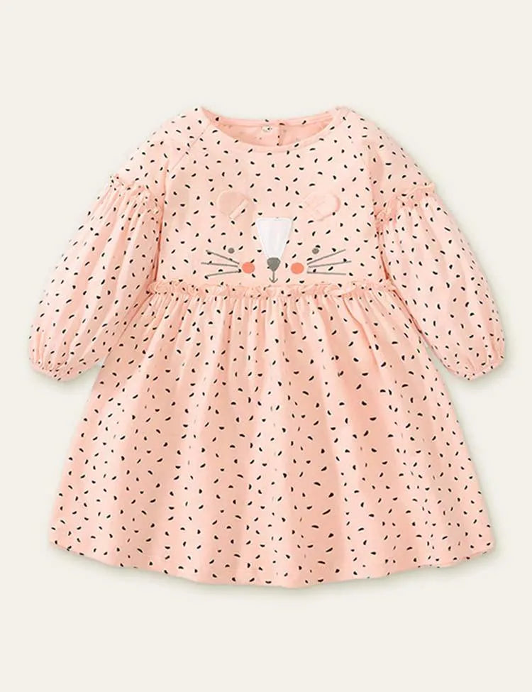 Cute Kitten Embroidered Polka Dot Long Sleeve Dress - Mini Taylor