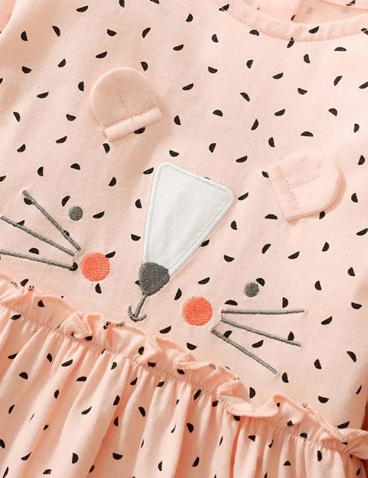 Cute Kitten Embroidered Polka Dot Long Sleeve Dress - Mini Taylor