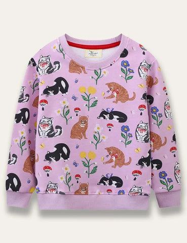 Cute Kitten&Floral Print Sweatshirt - Mini Taylor
