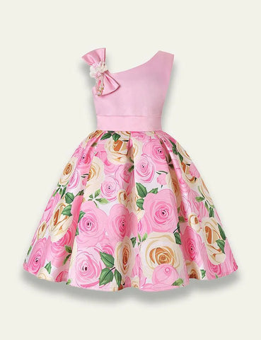 Diagonal Shoulder Rose Printed Party Dress - Mini Taylor