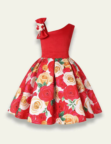 Diagonal Shoulder Rose Printed Party Dress - Mini Taylor