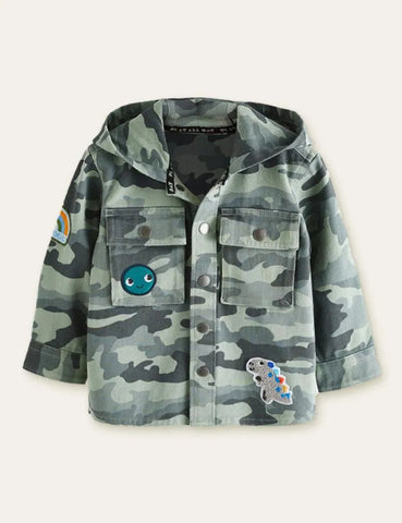 Dinosaur Camouflage Button Design Hooded Jacket - Mini Taylor