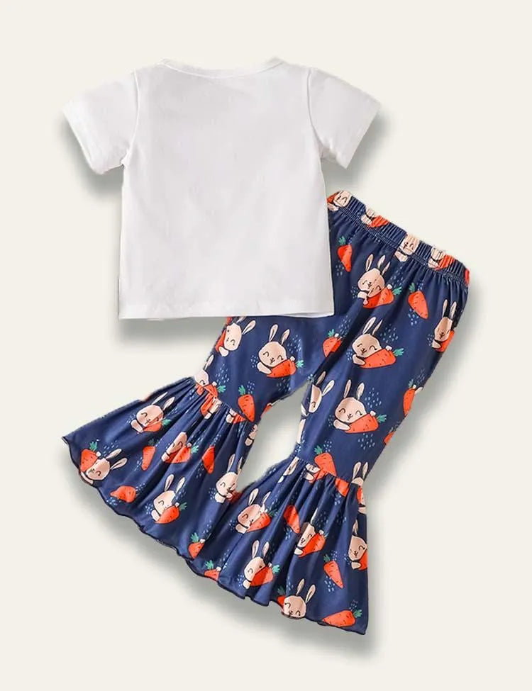 Easter Cartoon Cute Bunny Printed Short Sleeve T-Shirt+Flared Pants - Mini Taylor