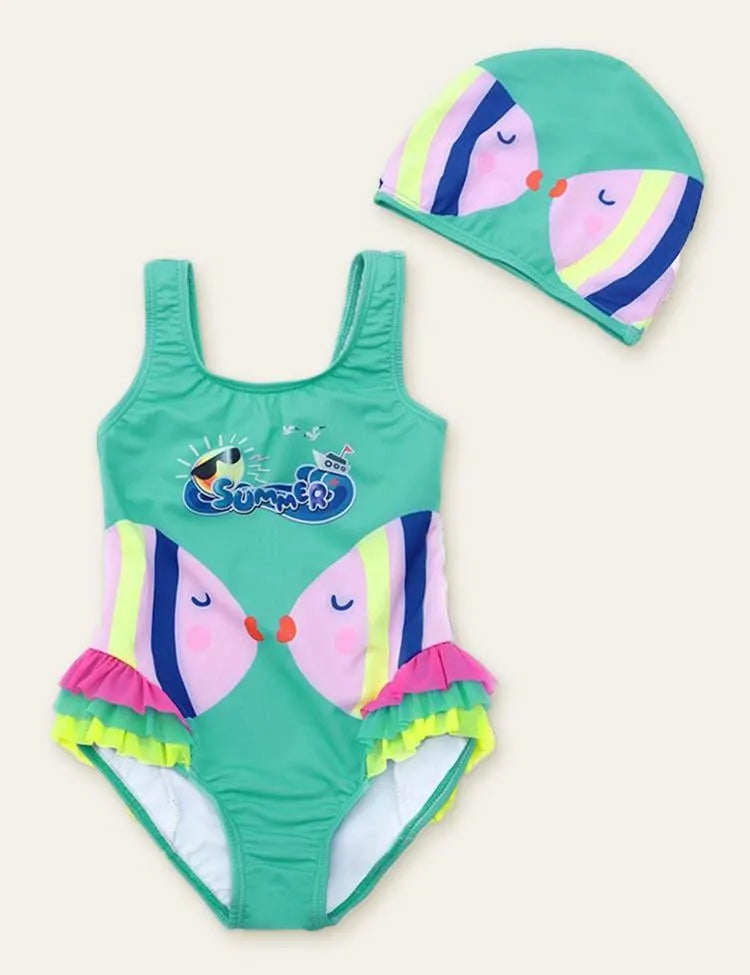 Fish Cute Printed Swimsuit + Swimming Cap - Mini Taylor