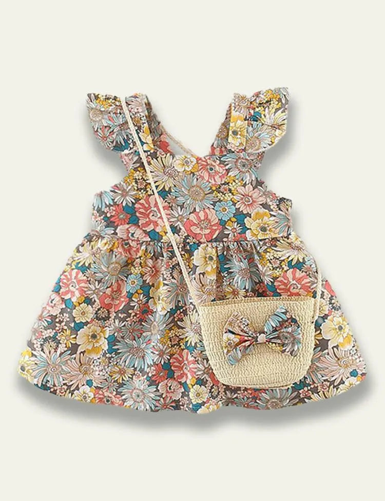 Flower Printed Sleeveless Dress+Floral Bow Bag - Mini Taylor