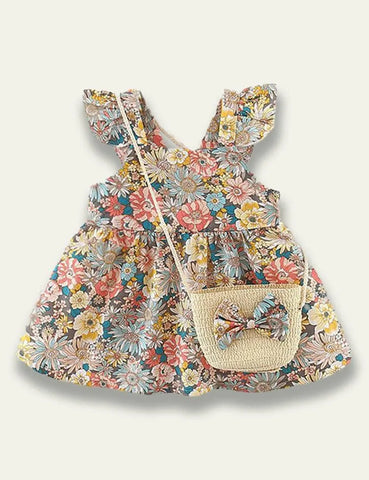 Flower Printed Sleeveless Dress+Floral Bow Bag - Mini Taylor