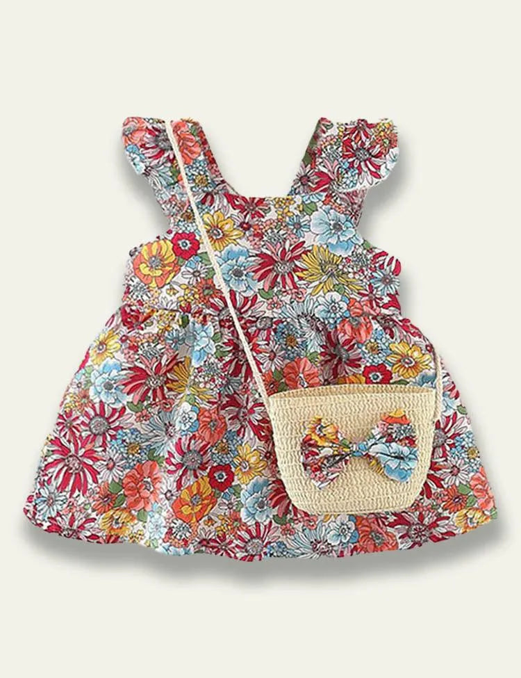 Flower Printed Sleeveless Dress+Floral Bow Bag - Mini Taylor