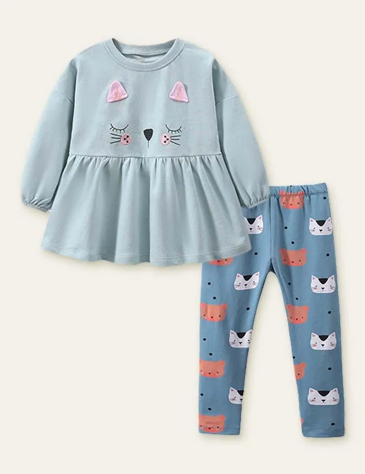 Kitten Embroidery Sweatshirt + Animal Printed Leggings - Mini Taylor