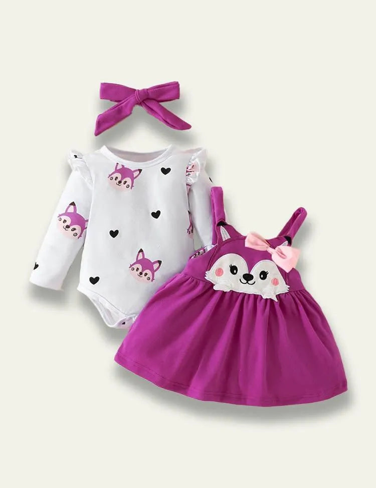 Long Sleeve Romper+Plant Fox Printed Bow Strap Dress - Mini Taylor