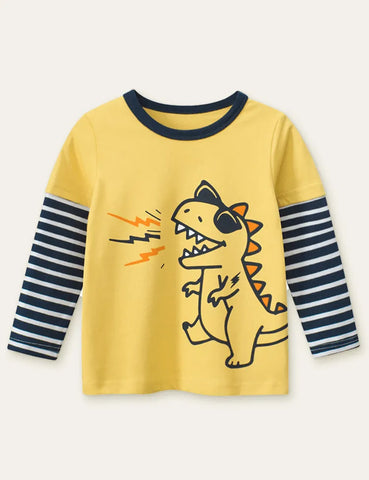 Singing Dinosaur Printed Fake Two-Piece Long-Sleeved T-shirt - Mini Taylor