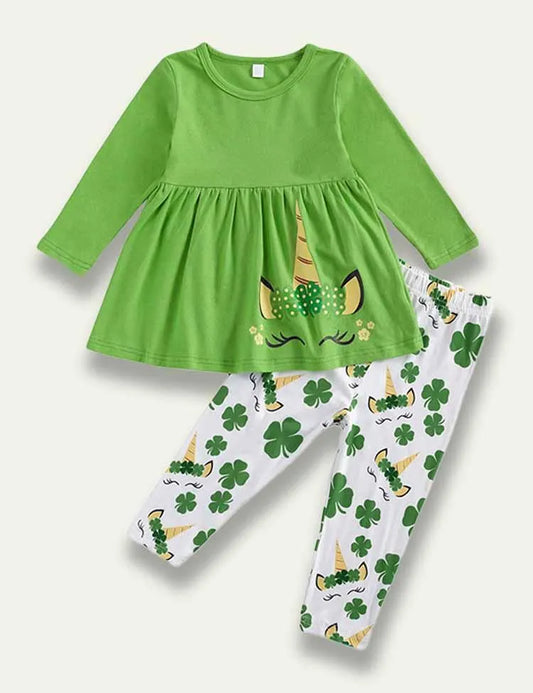 St. Patrick's Day Cartoon Unicorn Long Sleeve Dress+Clover Leggings - Mini Taylor