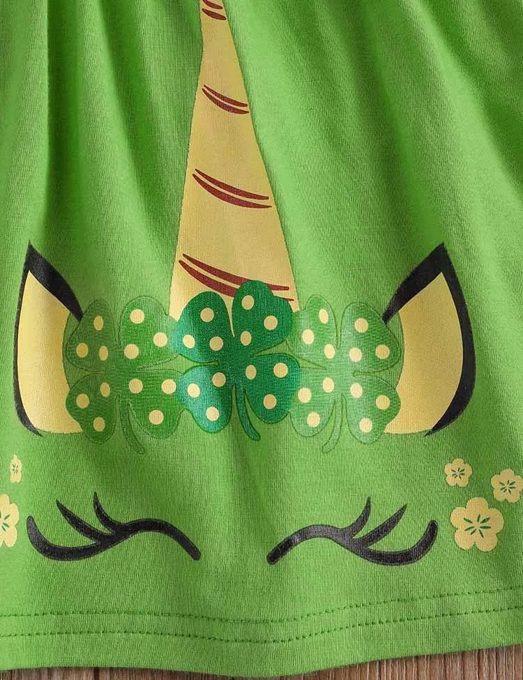 St. Patrick's Day Cartoon Unicorn Long Sleeve Dress+Clover Leggings - Mini Taylor
