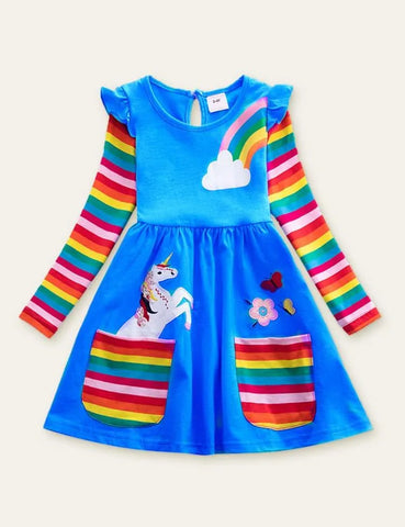 Unicorn Flowers Appliqué Rainbow Long Sleeve Dress - Mini Taylor