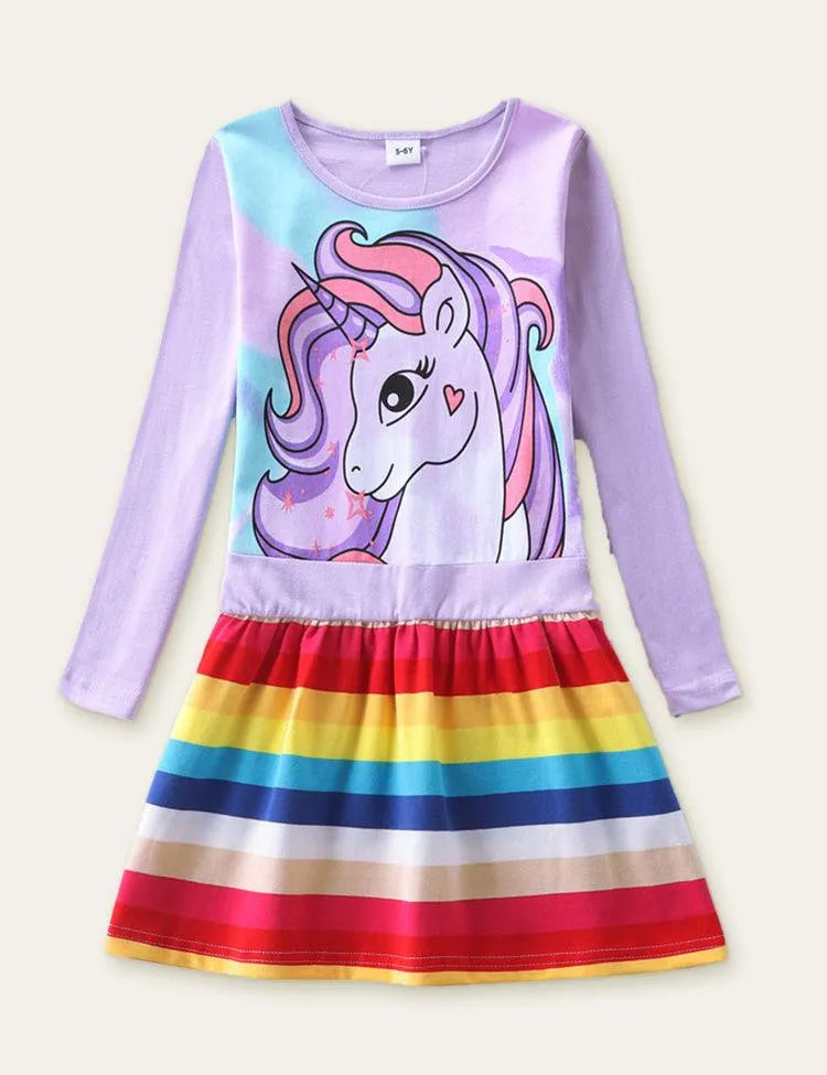 Unicorn Printed Rainbow Striped Dress - Mini Taylor