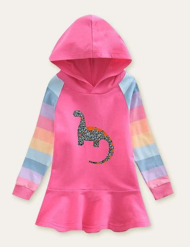 Unicorn Rainbow Striped Printed Hooded Dress - Mini Taylor