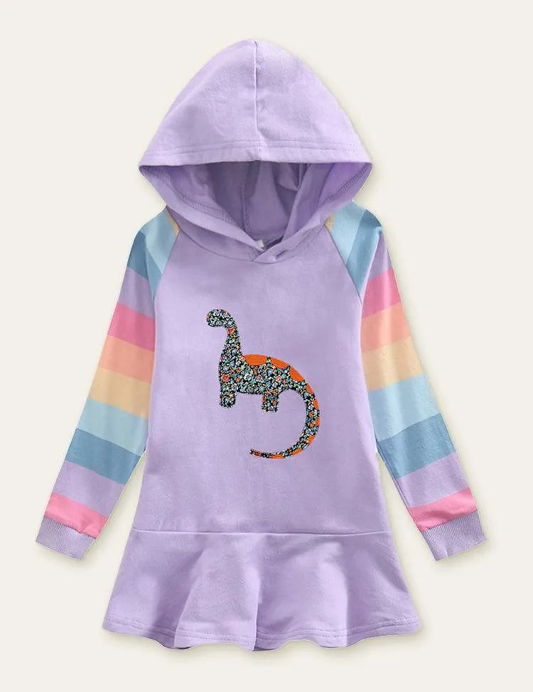 Unicorn Rainbow Striped Printed Hooded Dress - Mini Taylor