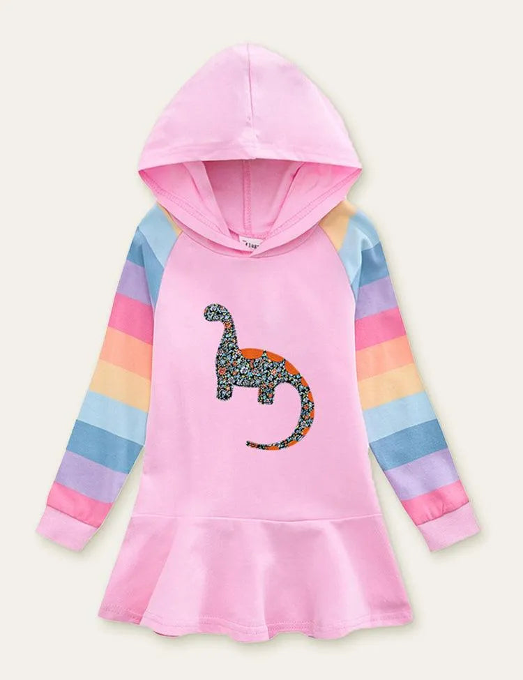Unicorn Rainbow Striped Printed Hooded Dress - Mini Taylor